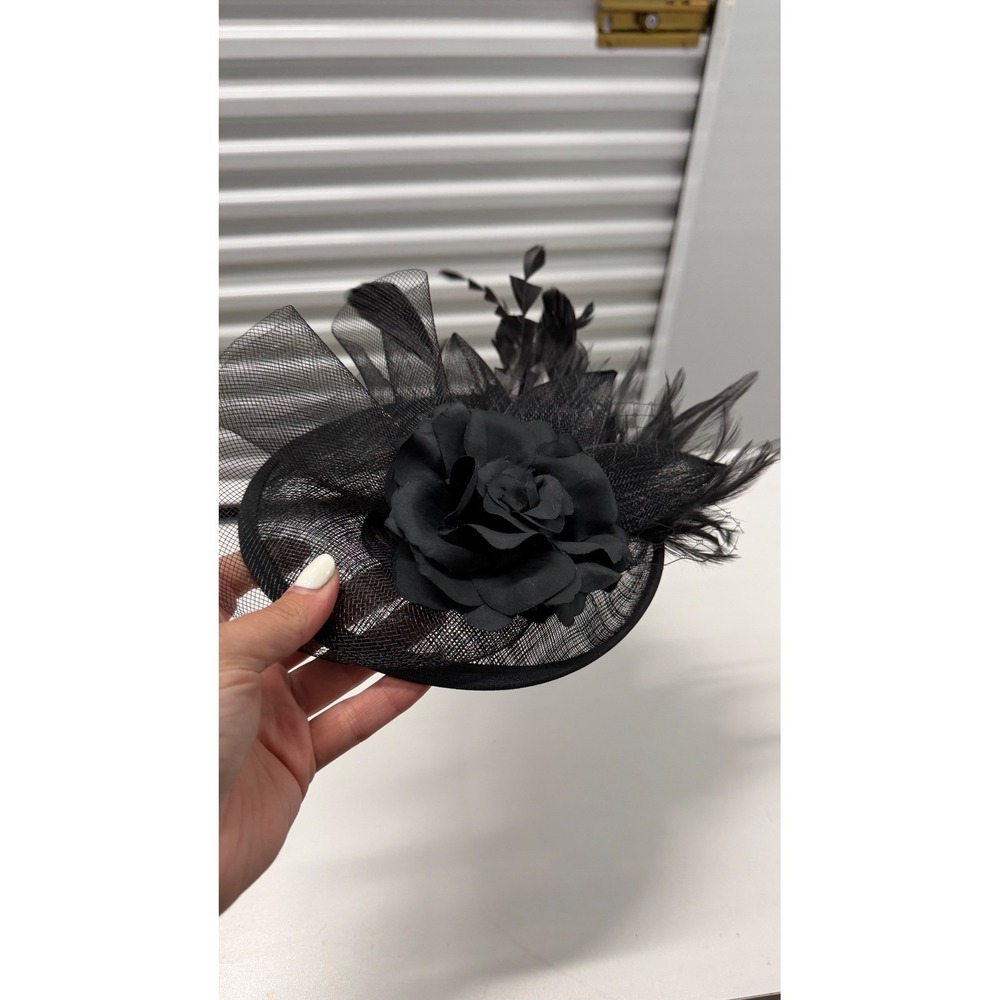 Black Rose Feather Fascinator Hat Pillbox Mesh Wedding Tea Party Headpiece